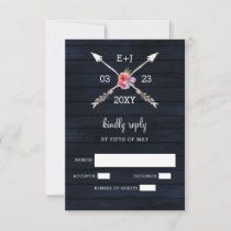 Navy Barn wood country chic wedding RSVP Card