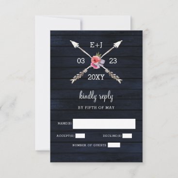 Navy Barn wood country chic wedding RSVP Card