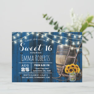 Navy Barn Wood Sunflower Jar Rustic Sweet 16 Invitation