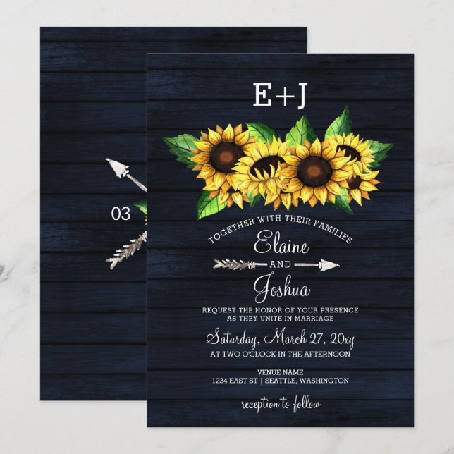 Navy barn wood Sunflowers Country Rustic Wedding Invitation (Front/Back)