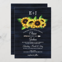 Navy barn wood Sunflowers Country Rustic Wedding Invitation