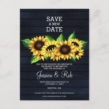 Navy Barn Wood Sunflowers Rustic Change The Date Announcement Postcard