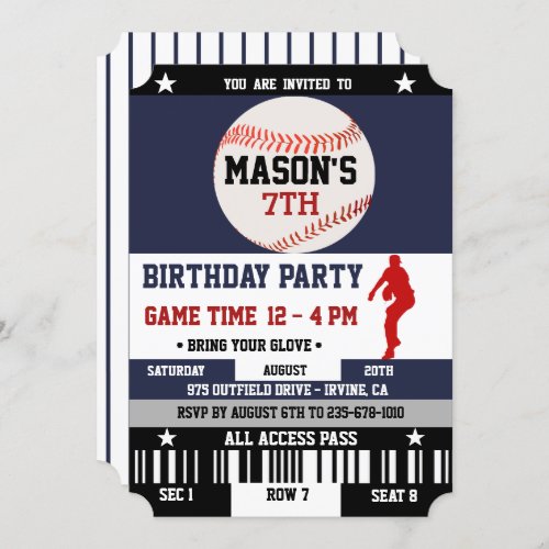 Navy Baseball Ticket Birthday Invitation