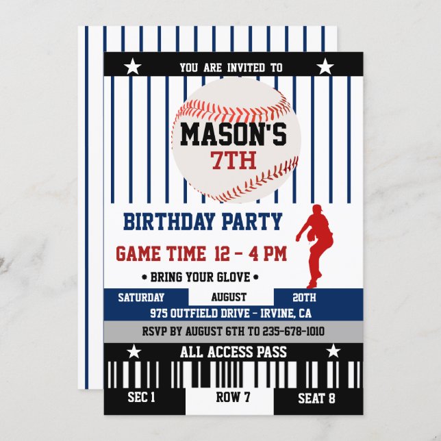 Navy Baseball Ticket Birthday Invitation (Front/Back)