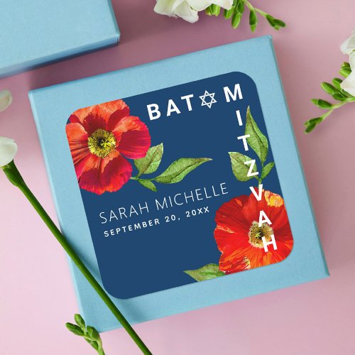 Navy Bat Mitzvah Modern Bold Floral Watercolor Square Sticker