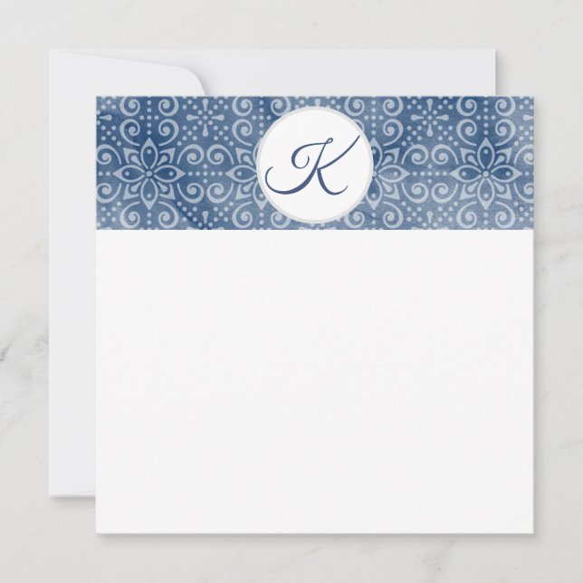 Navy Batik Monogram Flat Note Card (Front)