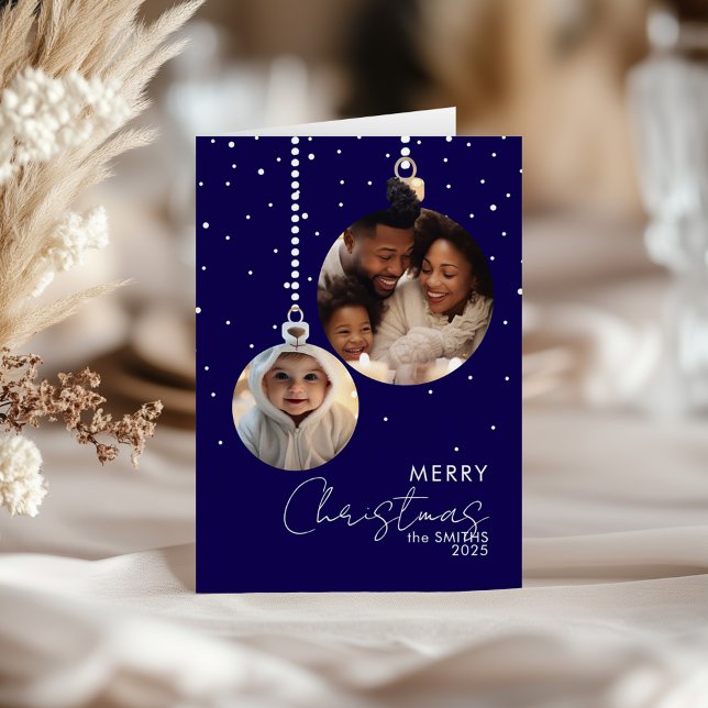 Navy Bauble Family Photo Christmas Card With Snow (Creator Uploaded)