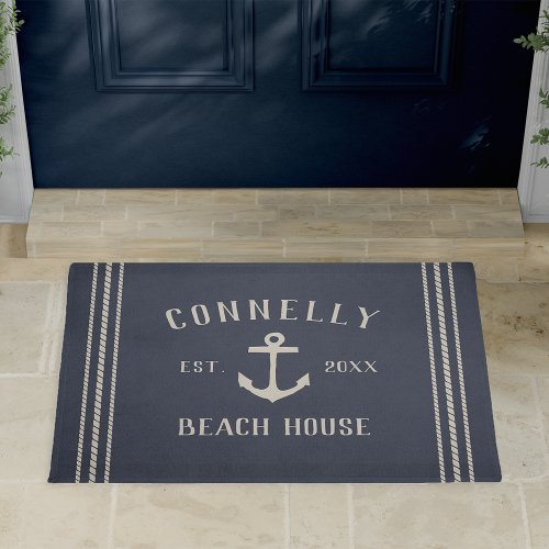 Navy  Beach House Rustic Anchor Personalized Doormat