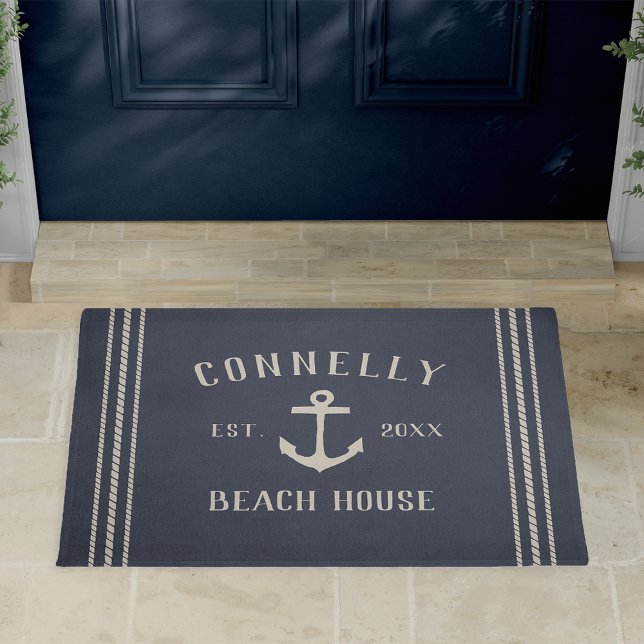 Navy | Beach House Rustic Anchor Personalized Doormat (Creator Uploaded)