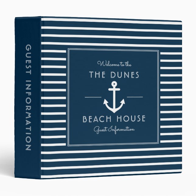Navy Beach House Vacation Rental Guest Information 3 Ring Binder (Front/Spine)
