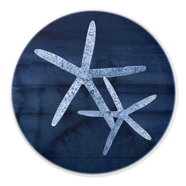 Navy Beach Starfish Shell Rustic Blue White Wood Ceramic Knob (Front)