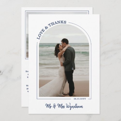 Navy Beautiful Arch Wedding Photo Love  Thanks Thank You Card