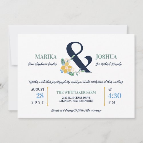 Navy Beautiful Floral Ampersand 2 in 1 Wedding Invitation