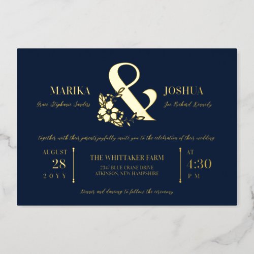 Navy Beautiful Floral Ampersand Typography Wedding Foil Invitation