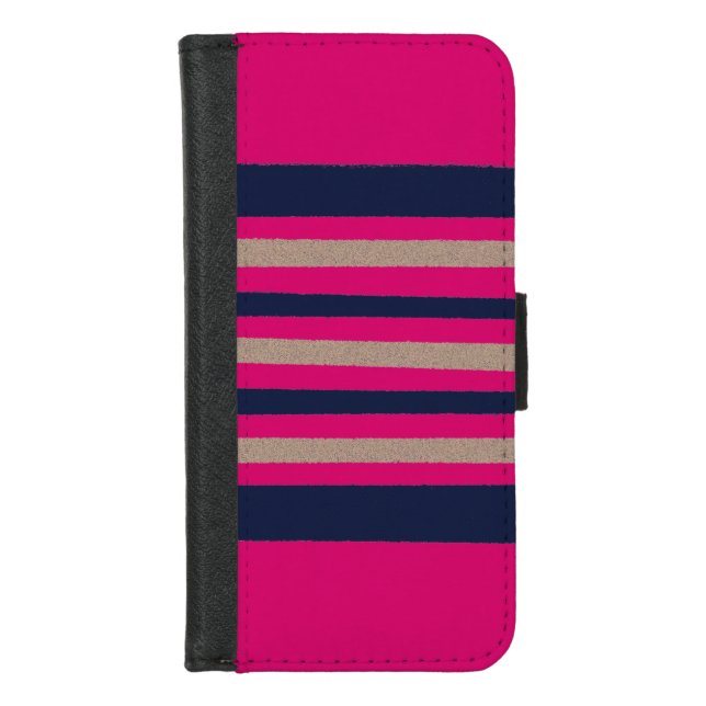 Navy / Beige / Magenta Paper Stripes iPhone Wallet Case (Front)