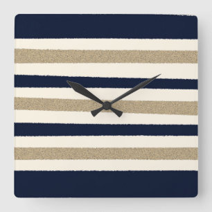Navy / Beige Paper Stripes Square Wall Clock