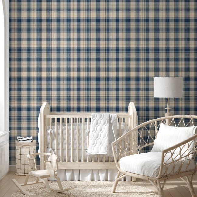 Navy Beige Railway Stripe Wallpaper