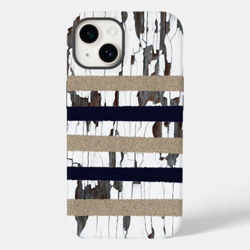 Navy  Beige  White Stripes over Peeling Wood  Case_Mate iPhone 14 Case