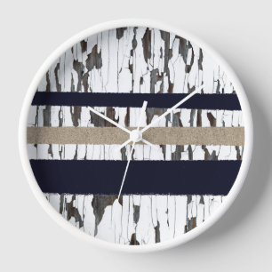 Navy / Beige / White Stripes over Peeling Wood Clock