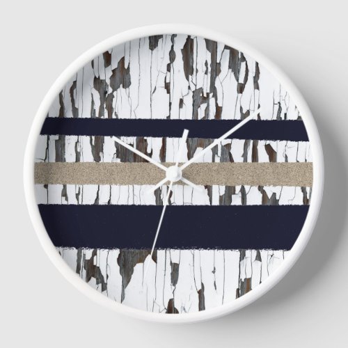 Navy  Beige  White Stripes over Peeling Wood  Clock