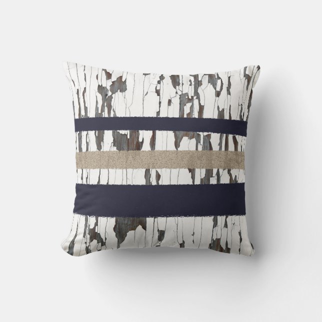 Navy / Beige / White Stripes over Peeling Wood  Outdoor Pillow (Front)