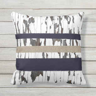 Navy / Beige / White Stripes over Peeling Wood  Outdoor Pillow