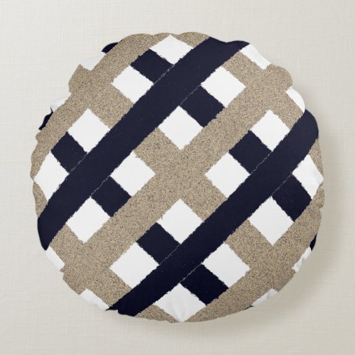 Navy  Beige  White Stripes Round Pillow