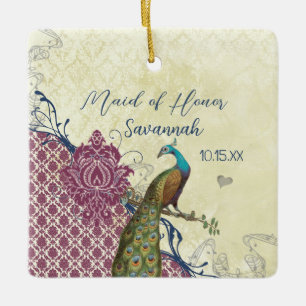Navy & Berry Berry Elegant Damask Peacock Wedding Ceramic Ornament