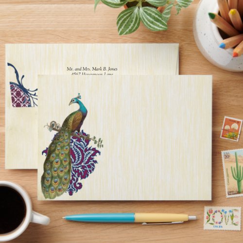Navy  Berry Berry Elegant Damask Peacock Wedding Envelope
