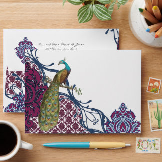 Navy & Berry Berry Elegant Damask Peacock Wedding Envelope