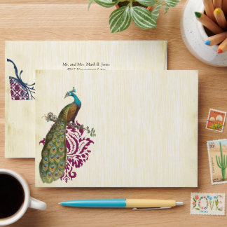 Navy & Berry Berry Elegant Damask Peacock Wedding Envelope