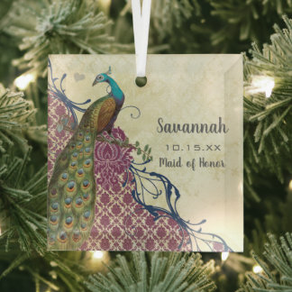 Navy & Berry Berry Elegant Damask Peacock Wedding Glass Ornament