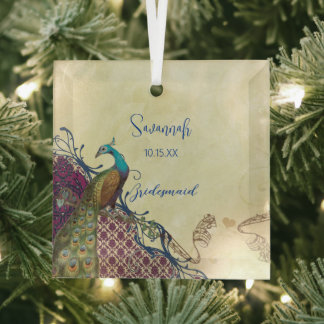 Navy & Berry Berry Elegant Damask Peacock Wedding Glass Ornament