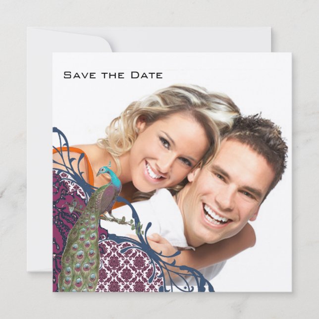 Navy & Berry Berry Elegant Damask Peacock Wedding Invitation (Front)