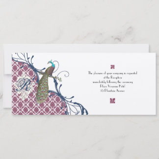 Navy & Berry Berry Elegant Damask Peacock Wedding Invitation