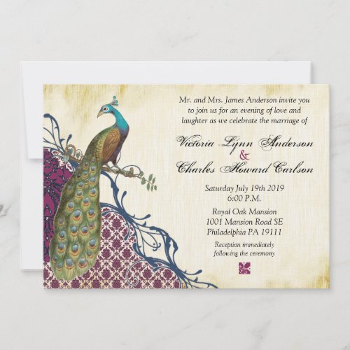 Navy  Berry Berry Elegant Damask Peacock Wedding Invitation