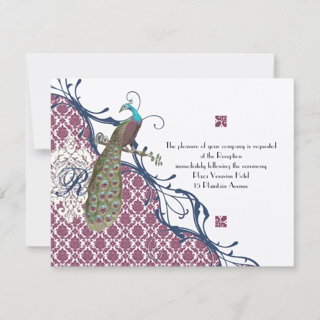 Navy & Berry Berry Elegant Damask Peacock Wedding Invitation (Front)