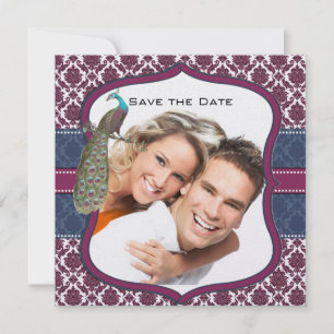 Navy & Berry Berry Elegant Damask Peacock Wedding Invitation