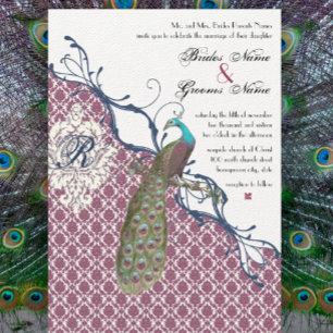 Navy & Berry Berry Elegant Damask Peacock Wedding Invitation