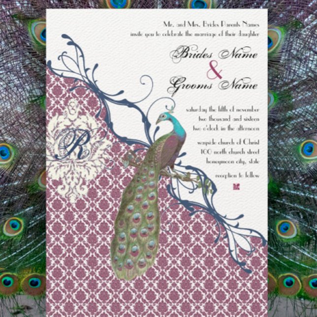 Navy & Berry Berry Elegant Damask Peacock Wedding Invitation (Creator Uploaded)