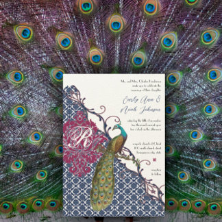Navy & Berry Berry Elegant Damask Peacock Wedding Invitation