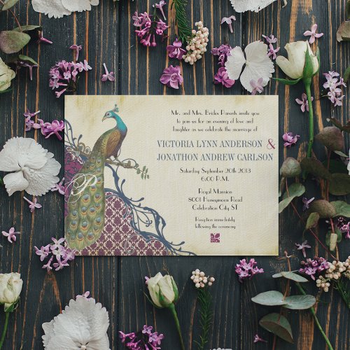 Navy  Berry Berry Elegant Damask Peacock Wedding Invitation