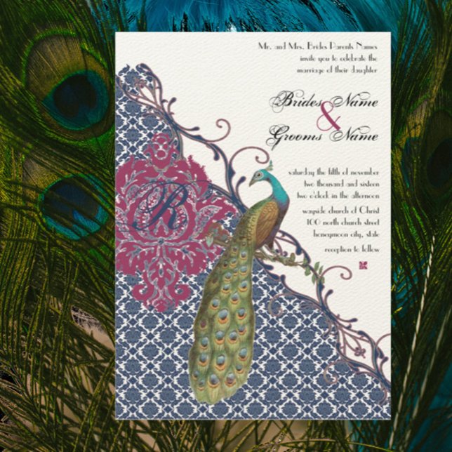 Navy & Berry Berry Elegant Damask Peacock Wedding Invitation (Creator Uploaded)