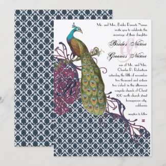 Navy & Berry Berry Elegant Damask Peacock Wedding Invitation