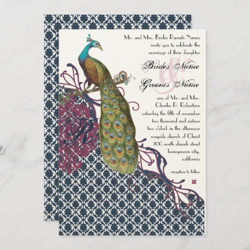 Navy  Berry Berry Elegant Damask Peacock Wedding Invitation