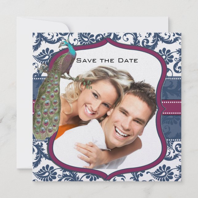 Navy & Berry Berry Elegant Damask Peacock Wedding Invitation (Front)