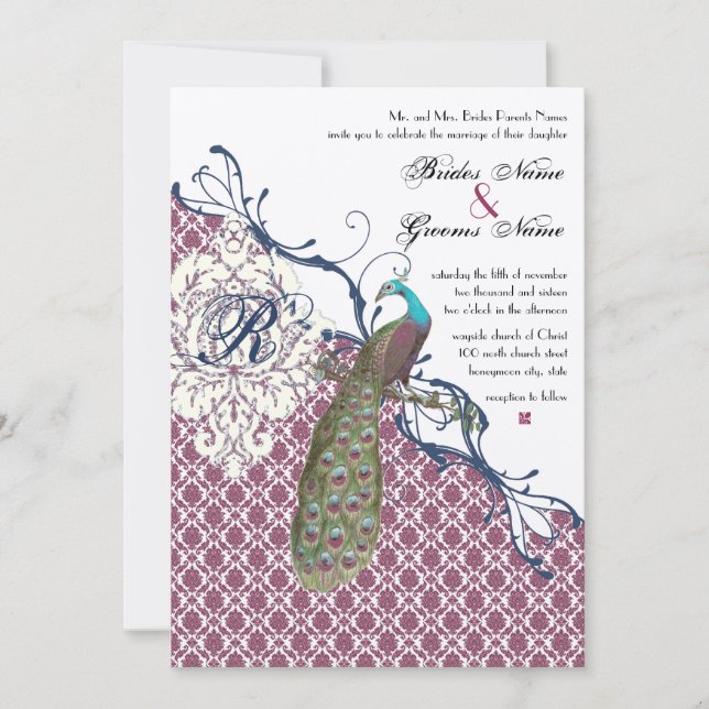 Navy & Berry Berry Elegant Damask Peacock Wedding Invitation (Front)