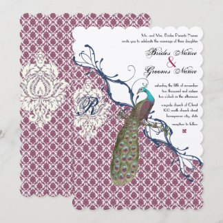 Navy & Berry Berry Elegant Damask Peacock Wedding Invitation