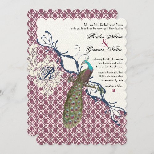 Navy  Berry Berry Elegant Damask Peacock Wedding Invitation