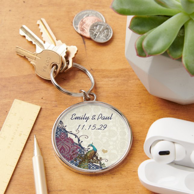Navy & Berry Berry Elegant Damask Peacock Wedding Keychain (Desk)